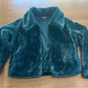 XS emerald green soft furry coat. Hook closure at the neck and waist